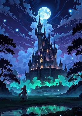 Fantasy Castle Under a Full Moon