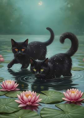 Black Cats in a Lily Pond