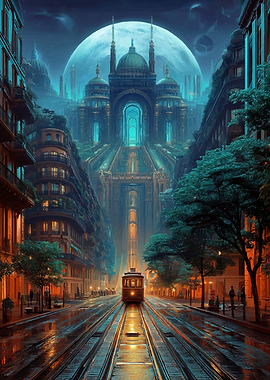 Futuristic Cityscape with Tram and Moon