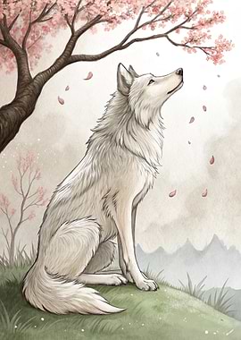 White wolf under cherry blossoms