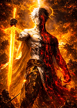 Fiery Warrior with Glowing Sword