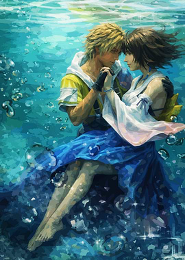 Tidus and Yuna underwater embrace