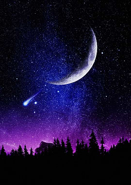 Night Sky with Crescent Moon and Shooting Star