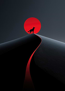 Lone Wolf on Dune Under Red Moon