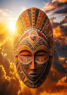African Tribal Mask in Sunset Sky