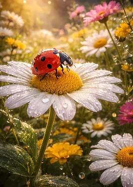 Ladybug on a daisy with dew drops