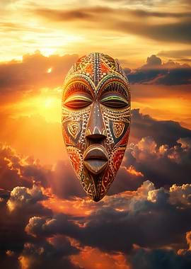 African Mask in Sunset Sky