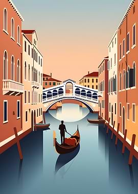 Venice Canal with Gondola and Bridge