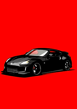Black Nissan 370Z on Red Background
