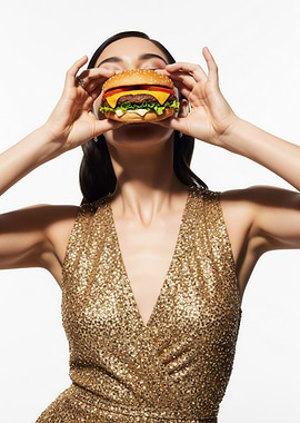 Woman in sequined dress holding a burger