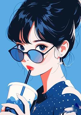 Anime Girl with Sunglasses Drinking