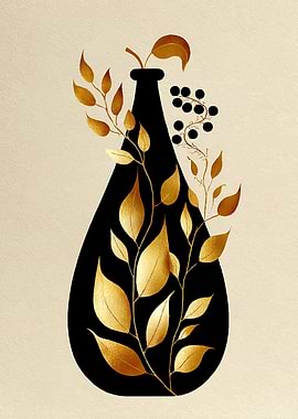 Black vase with golden leaves and berries