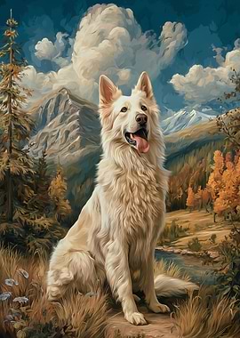 White Swiss Shepherd Dog in Mountain Landscape