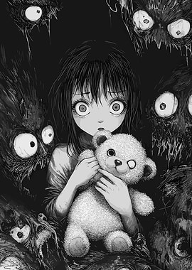 Scared Girl with Teddy Bear Surrounded by Monsters