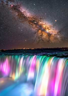 Milky Way Over Illuminated Waterfall
