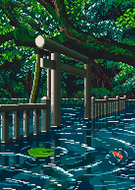 Pixel Art Japanese Shrine Pond