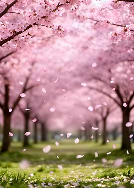 Cherry Blossoms Falling in Park