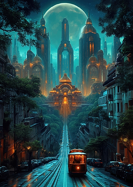 Futuristic Cityscape with Tram