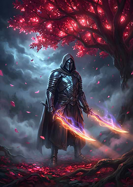 Fantasy Knight with Glowing Swords