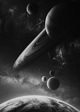 Cosmic Scene with Planets and Rings