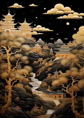 Golden Asian Pagodas in a Mountainous Landscape