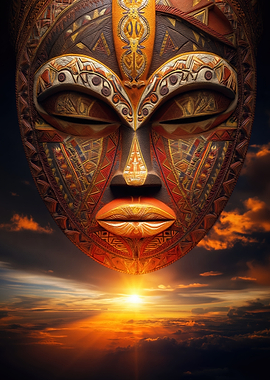 Tribal Mask Over Sunset Sky