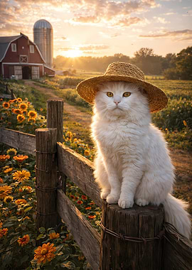 Cat in a straw hat on a farm