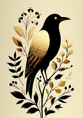 Black bird with gold accents on branches