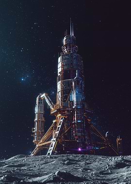 Futuristic Digital Art Rocket on Moon Surface