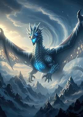 Ice Dragon Flying Over Mountains