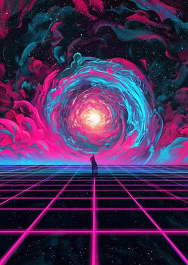 Figure in a Neon Grid Facing a Cosmic Vortex