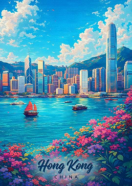 Hong Kong Skyline with Flowers