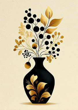 Black vase with golden floral arrangement