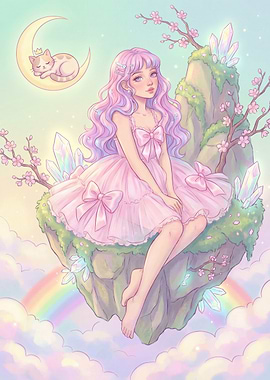 Dreamy Floating Island with Girl and Cat