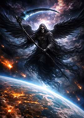 Grim Reaper over a burning Earth