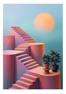 Surreal Pink Staircase with Sun and Plants