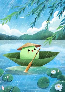Cute Rice Ball Rowing Leaf Boat