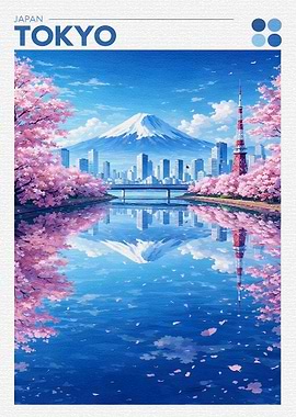 Tokyo cityscape with Mount Fuji and cherry blossoms