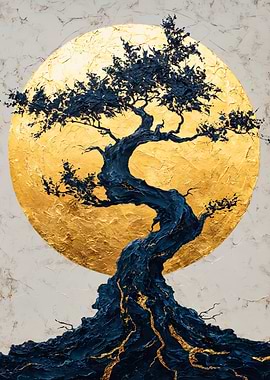 Bonsai Tree Gold Moon Painting