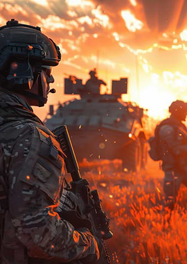 Soldiers in a fiery sunset