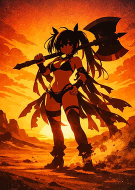 Anime Warrior with Axe at Sunset