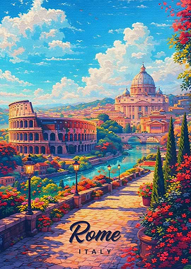 Vibrant Rome Cityscape with Colosseum and St. Peter's Basilica