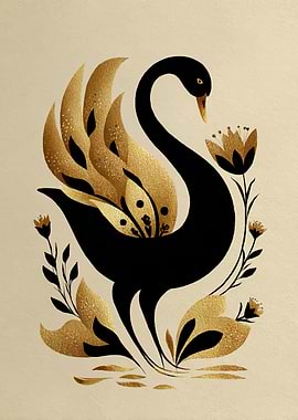 Elegant Black Swan with Gold Floral Accents