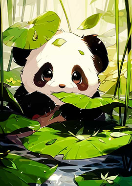 Cute Panda in Water Lilies
