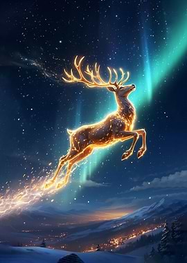 Magical Reindeer Flying Over Snowy Landscape