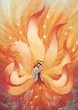 Nine-Tailed Fox Spirit Embracing a Child