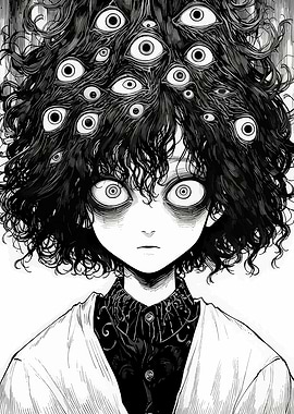 Creepy Manga Character with Eyes in Hair