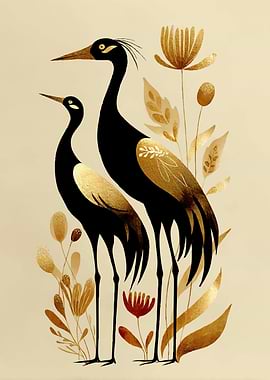 Two Cranes and Golden Flowers
