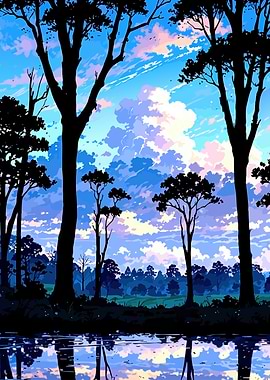 Anime Forest Reflection at Sunset