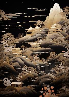 Golden Japanese Landscape with Pagodas